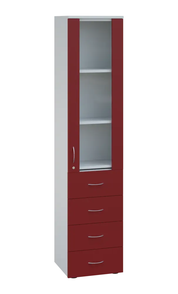 LE - 44 skříň léková prosklená, pravá, korpus bílý, dvířka burgundská